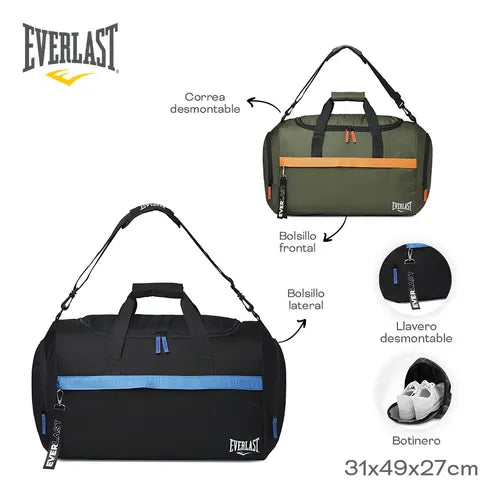 Bolso Deportivo Everlast Grande Con Botinero + Llavero Viaje Color Negro 18540 Lisa