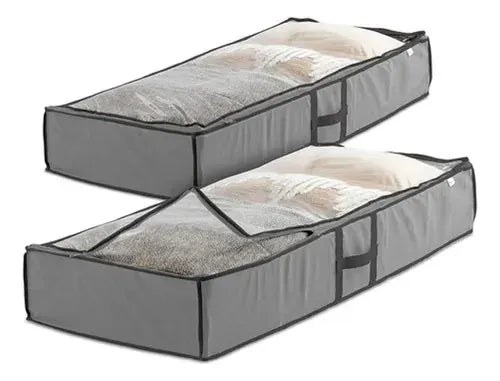 Bajo Cama X 2 Gris Organizadores De Tela Multiuso Bajo Cama Plegable Oragnizar Placard Multiuso Ropa Pvc Transparente Guardado Al Vacio Frazadas Colchas Cobertores